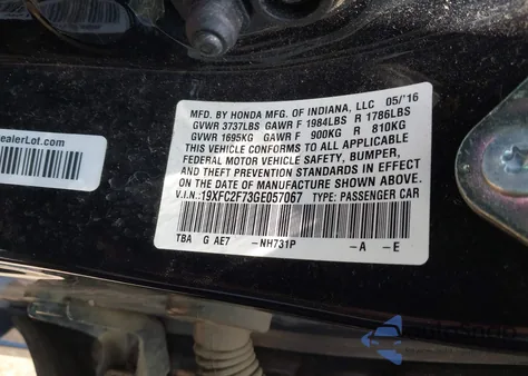 2016 Honda Civic Ex из США, поврежденный, VIN 19XFC2F73GE057067